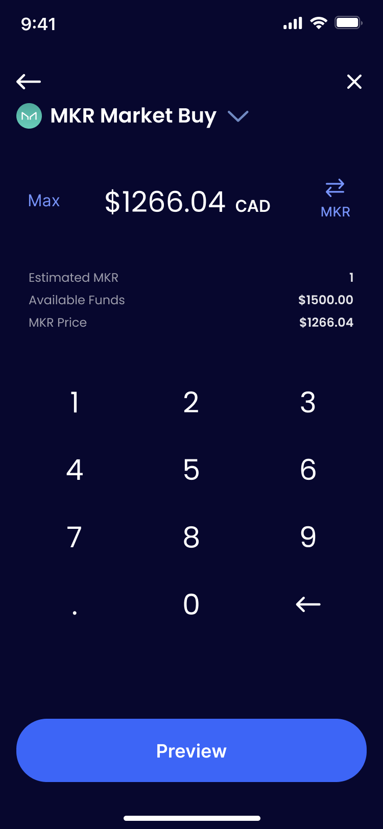 Redesigned MKR market buy screen with a large amount, a numpad, and a Preview button