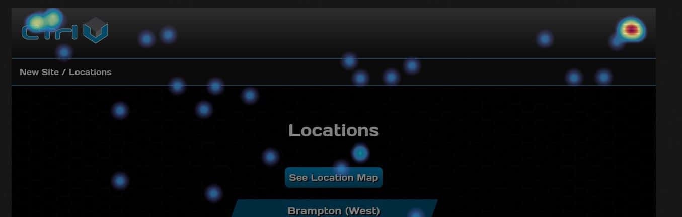 Heat map of the locations page, with the most clicks on the menu icon in the top right