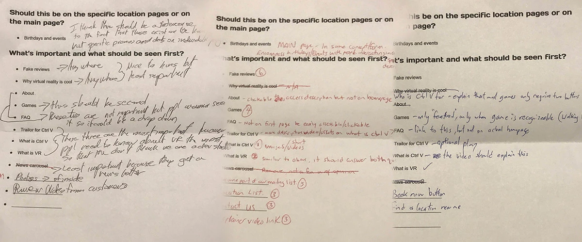 Three printed surveys where CTRL V executives and franchisees ranked homepage content by hand